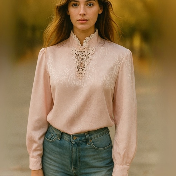 1980’s Secretary Blouse Tops - Vtg 1980’s New Edition Pink Silky Secretary Victorian Paisley Lace Blouse Sz 14